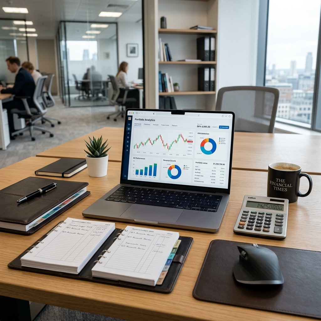 Clean financial administration desk featuring a modern laptop showing business reports, a calculator, and neatly arranged ledgers.